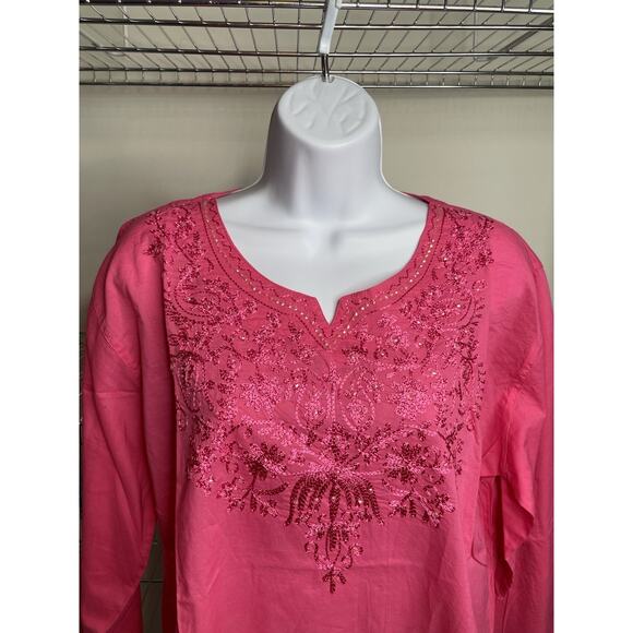 Pink Indian Cotton Embroidered Kurti Tunic‎ Size XXL Flowy Art To Wear Lagenlook - Picture 3 of 12
